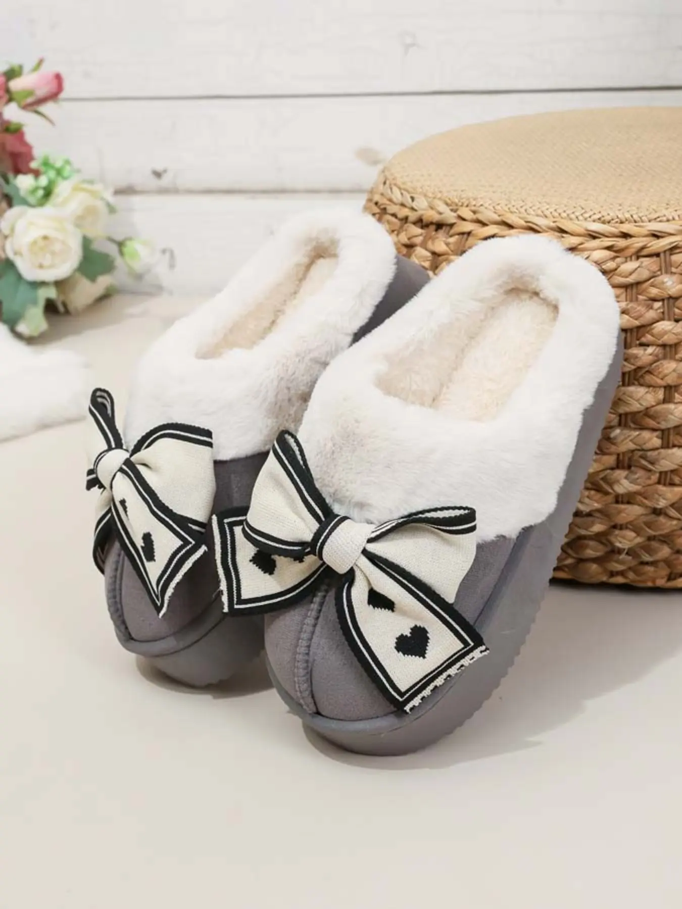 Winter New Indoor Fleece Warm Soft Plush Fluffy Home Slippers, House Slippers, Butterfly Knot Design, Casual Comfortable Home & Outdoor Wear, Women's Shoes, Footwear
