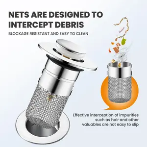 Brass Pop-Up Drain Plug with Bouncing Core, Universal Stainless Steel Anti-Odor Sink Stopper and Bathtub Drain with Hair Catcher & Removable Filter Basket for Easy Cleaning, Modern Home Goods