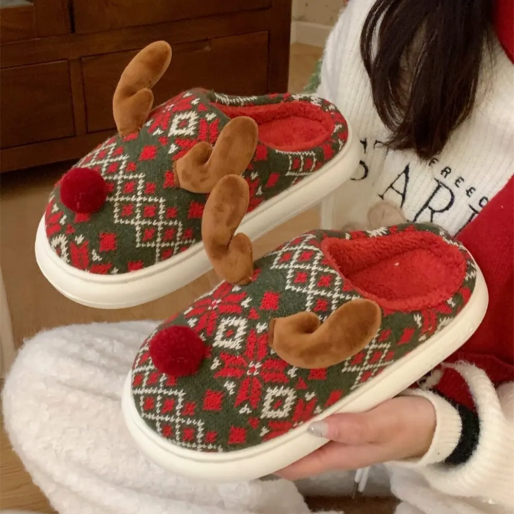 XIXITIAO Fuzzy Plush Cute Holiday Vibe Christmas Reindeer Slippers for Women - Soft Cotton Autumn Winter Bedroom House Shoes, Indoor Outdoor Cartoon Footwear