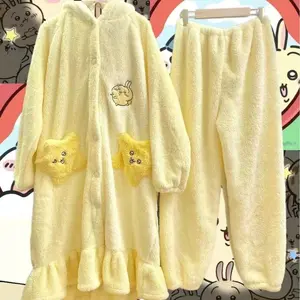 Japanese Chiikawa Coral Velvet Pajamas Hachiware Usagi Kawaii Long Warm Plus Velvet Thickened Hooded Pajamas Women's Homewear