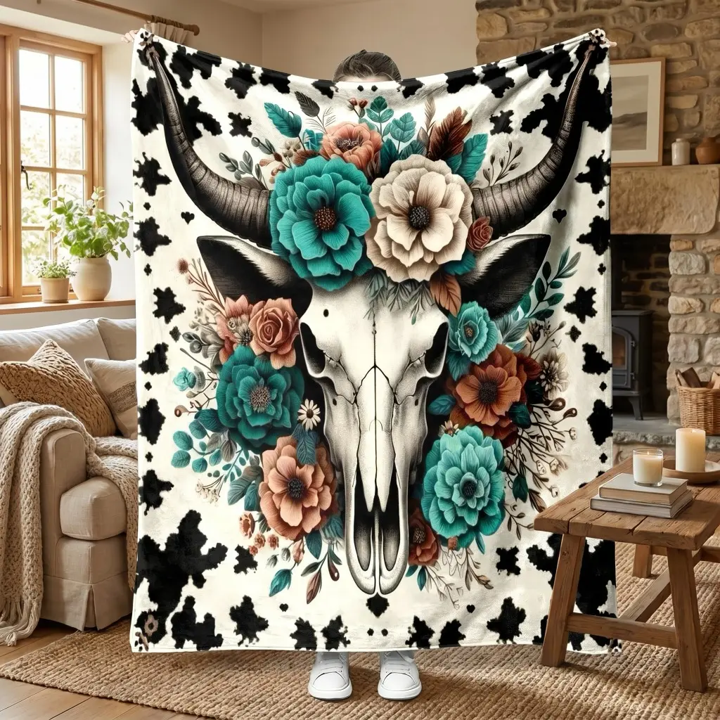 Western Bull Skull Floral Flannel Throw Blanket - 280 gsm Thickness Soft Polyester, Country-Rustic Cow Print, All-Seasons Home Decor, Machine-Washable Cover