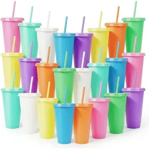 24 Pack Plastic Tumblers with  and Straws,  Cups with  Plastic Colorful Cups for Parties Birthdays, Iced Coffee Cup Cold Drink Cups Bulk Tumblers (24 oz, Macaron Colors)