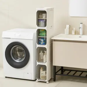 4-Tier Slim Storage Cabinet with Drawers & Doors, Foldable Plastic Organizer with Wheels, Adjustable Shelves, Stackable Narrow Storage for Bathroom, Kitchen & Small Spaces