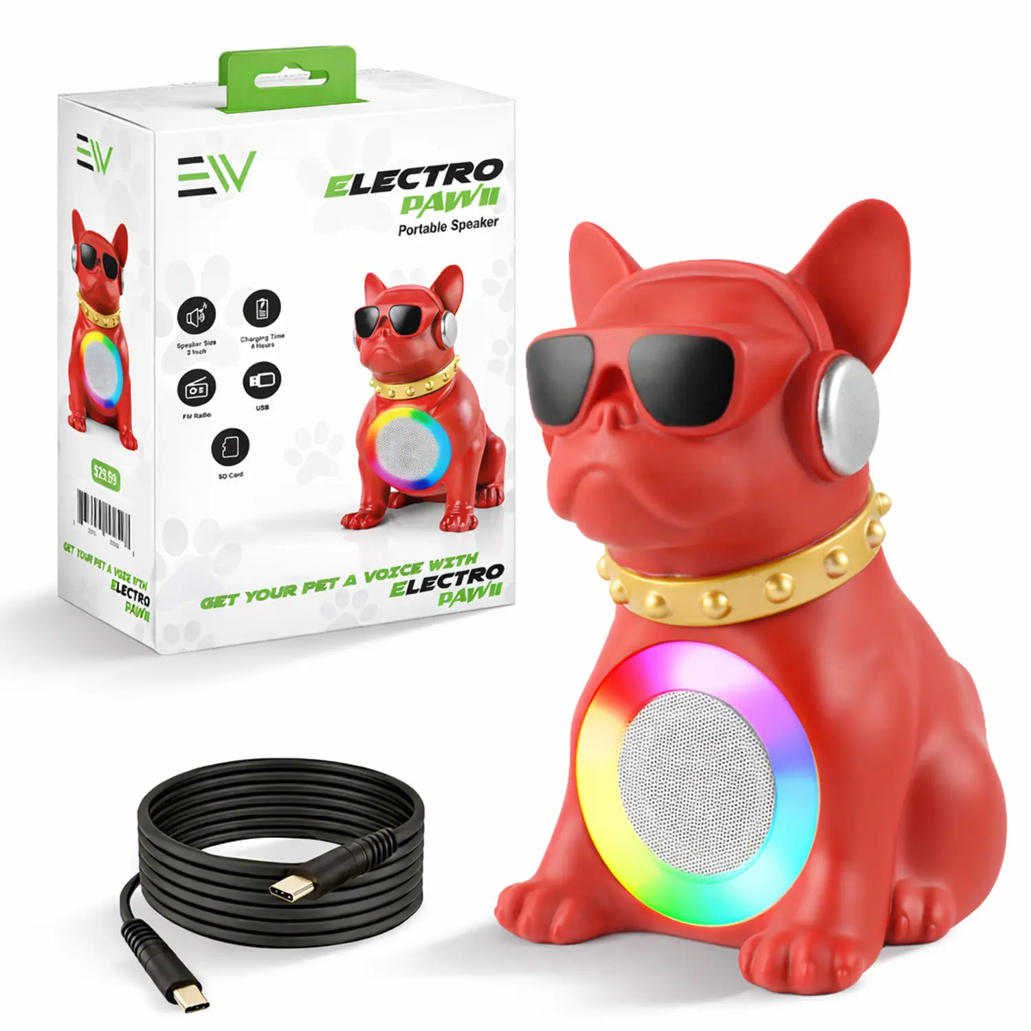 Electronic World Bulldog Compact Bluetooth 5W Wireless Speaker - Cute Plastic 2in Stereo Device, RGB LED Light, Loud Audios, Type C Charging, Smartphone Compatible, Card & Cable Support, Batteries Powered for Home, Travel, Music Setup, Compact Speakers