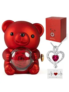 Romantic Teddy Bear with Birthstone Rotating Pendant Heart Necklace, Real Rose in Elegant Gift Box, Ideal for Valentine's Day Wedding and Birthdays