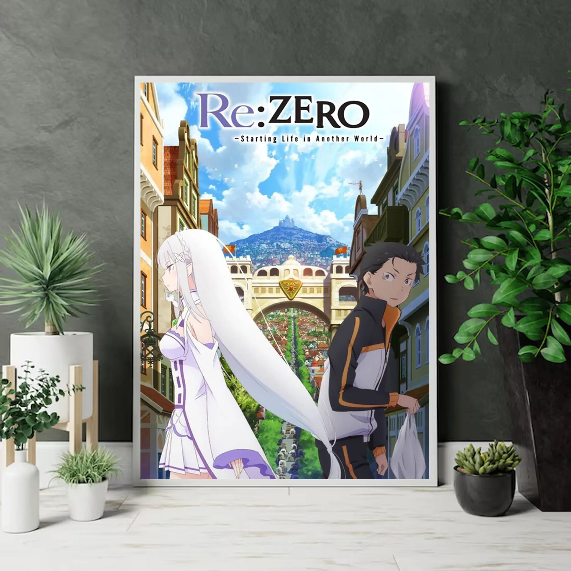 NO FRAME - Re:ZERO Anime Poster, Emilia and Subaru Romantic Illustration Art Print, Manga Modern Wall Decor, Gift for Fans