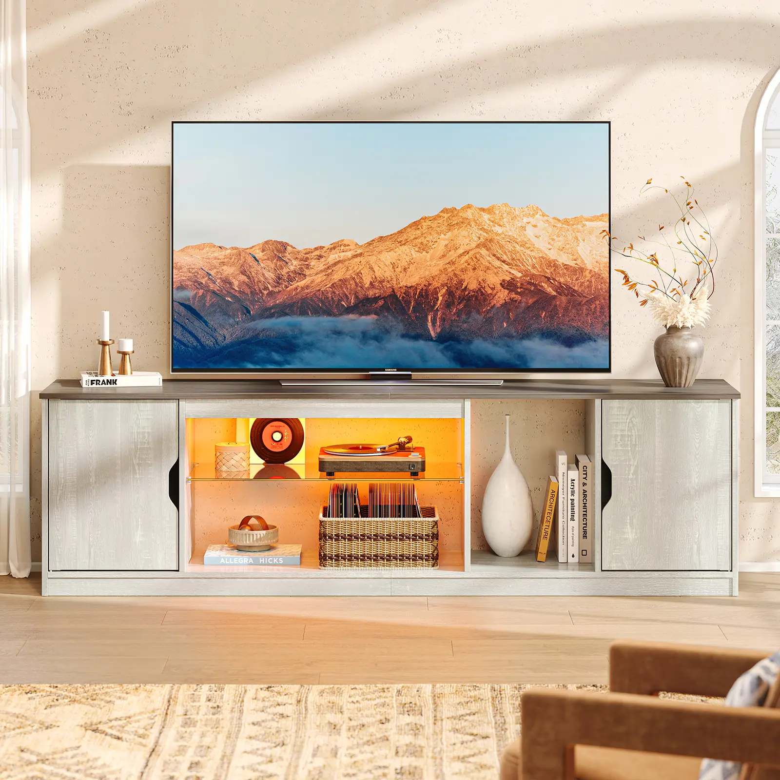 Bestier 70.8in Modern Rustic 2-Tone Grain Furniture TV Stand, LED Media Console with RGB Light Strip, Storage Cabinets, Adjustable Tempered Glass Shelf, Fits Up to 75in TV for Living Room & Gaming Room Turntable Storage, Two-Tone Grain