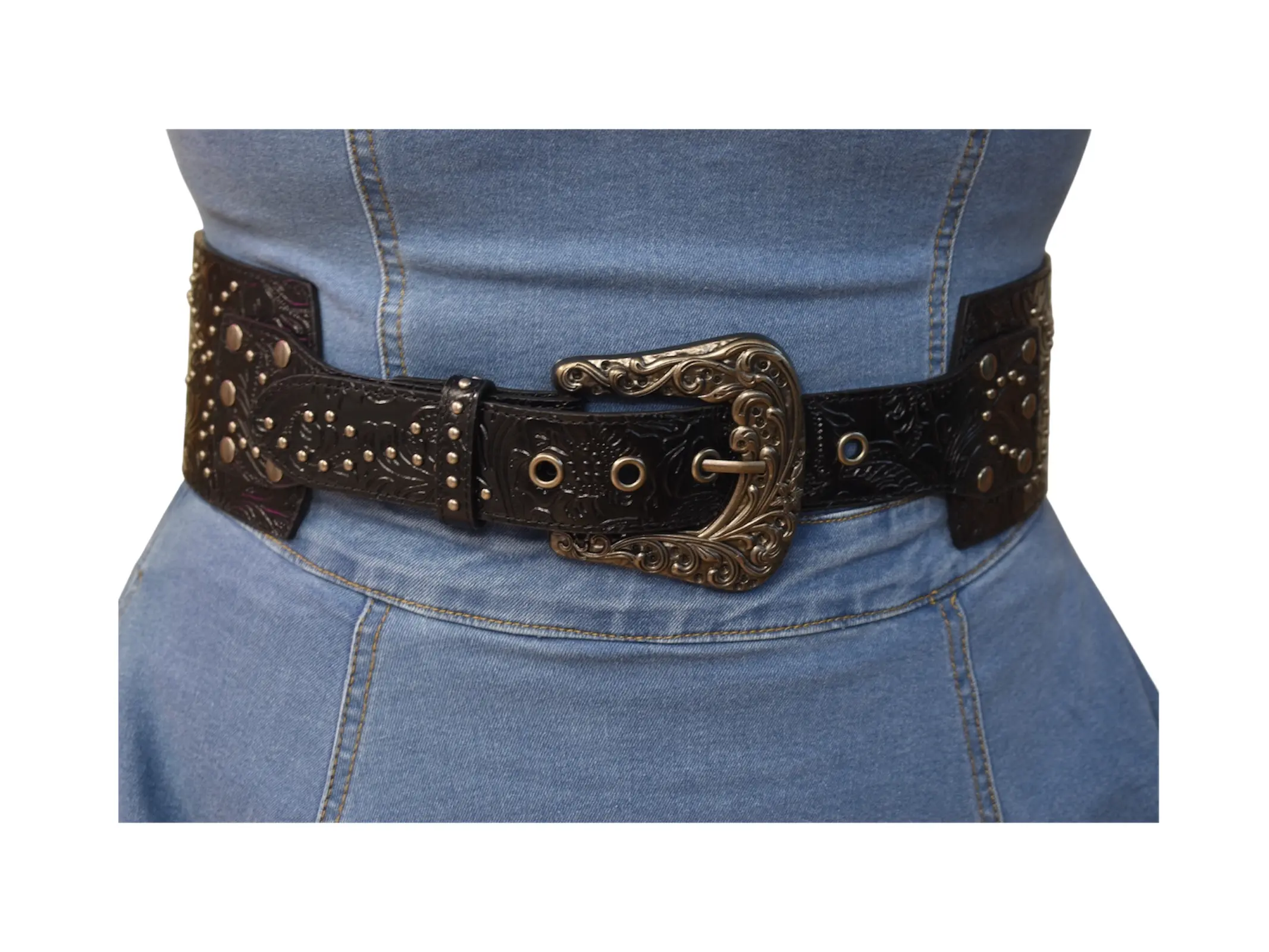Black tooled Genuine Leather Studded Wide Belt