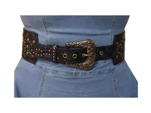 Black tooled Genuine Leather Studded Wide Belt
