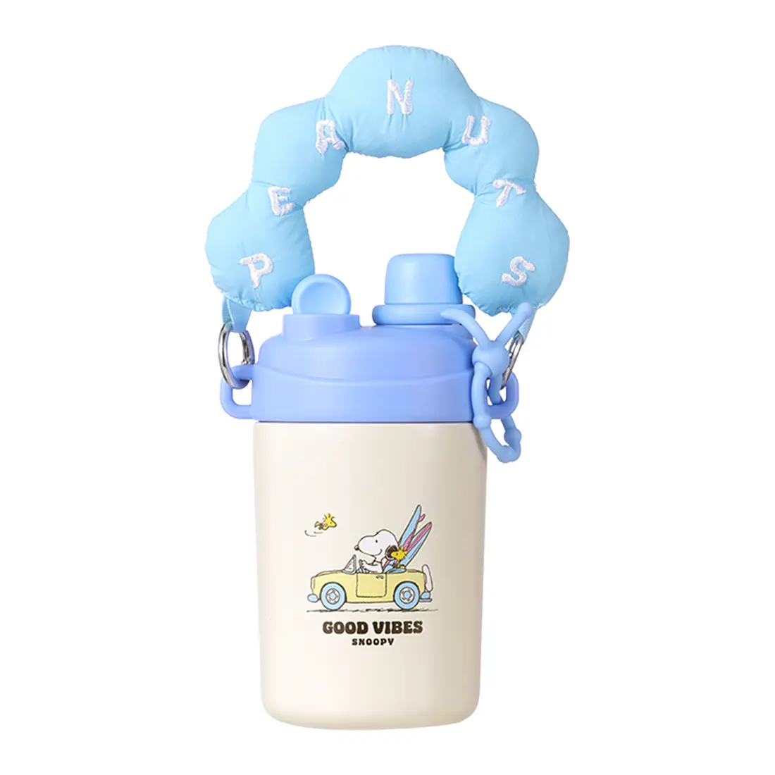 MINISO Peanuts Snoopy Insulated Water Bottle, 800ml Double Lid Stainless Steel Tumbler with Cloud Carry Handle, Cute Snoopy Travel Drinking Cup for Girls