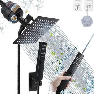 shower head set, 1 set including square shower head & handheld shower head & filter & bracket & hose & 3-way diverter valve, bathroom accessories, easy installation, advanced filtration