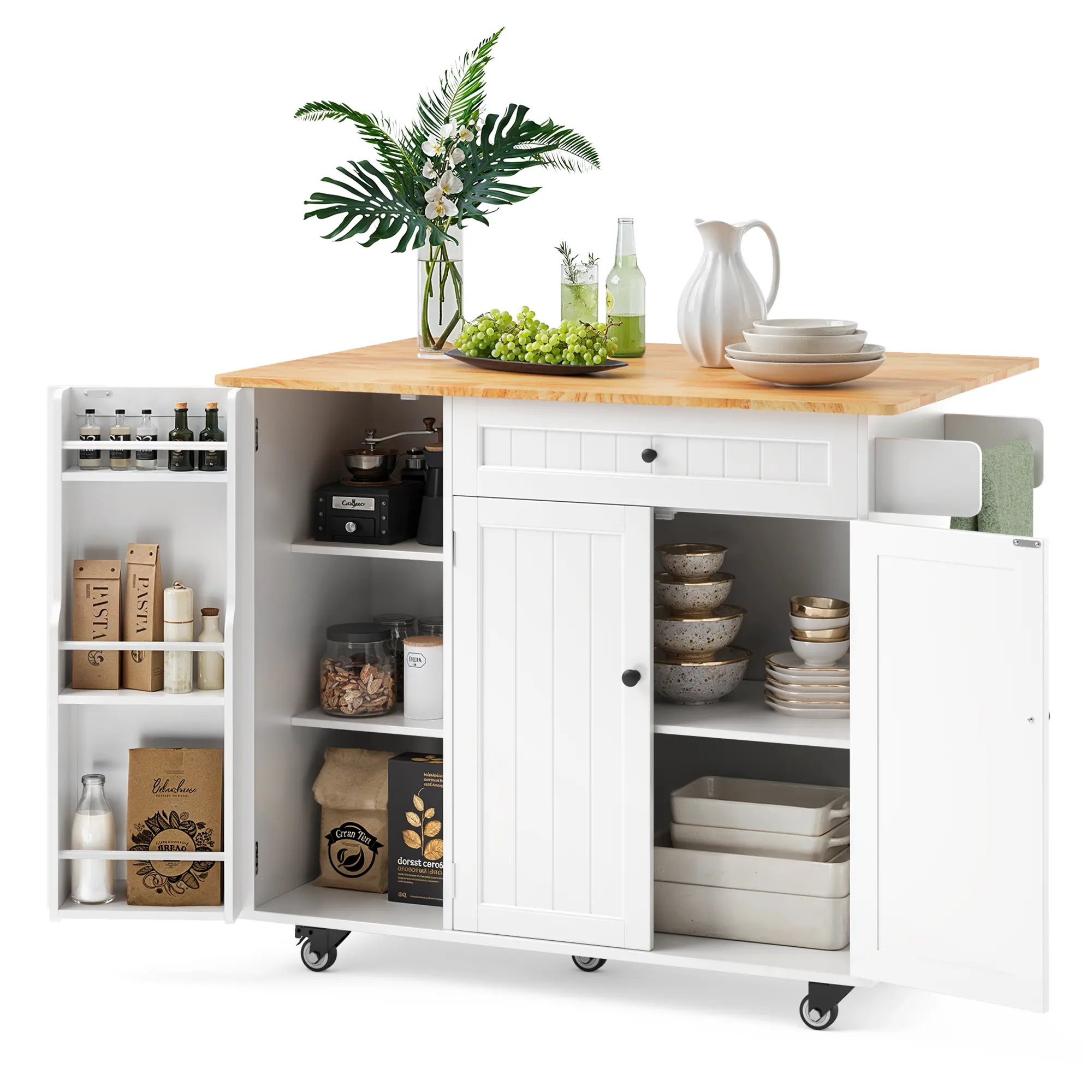 Gizoon White Kitchen Island - Easy-Build Sideboard with 5 Wheels, Drop Leaf, Adjustable Internal Rack, 1 Drawer, Spice Rack, Towel Bar, Sufficient Countertop Space, Panel Clips for Storage Organization, 5Wheels