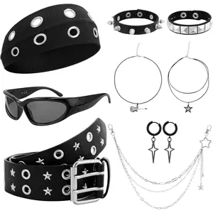 8 count Gothic Punk Rock Accessories for Women, Y2K Accessories Set Black Studded Belt Bracelets Grommet Headband Punk  Pants Chain Necklaces Earrings Sunglasses for Women