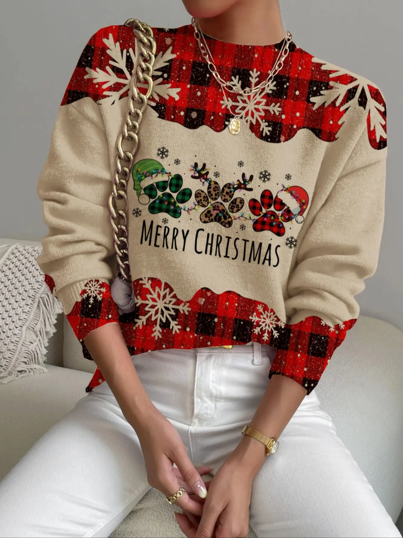 Women's Christmas Print Stand Collar Sweater, Fall Winter Casual Long Sleeve Knitwear, Comfortable Holiday Clothing, Festive Women's Top