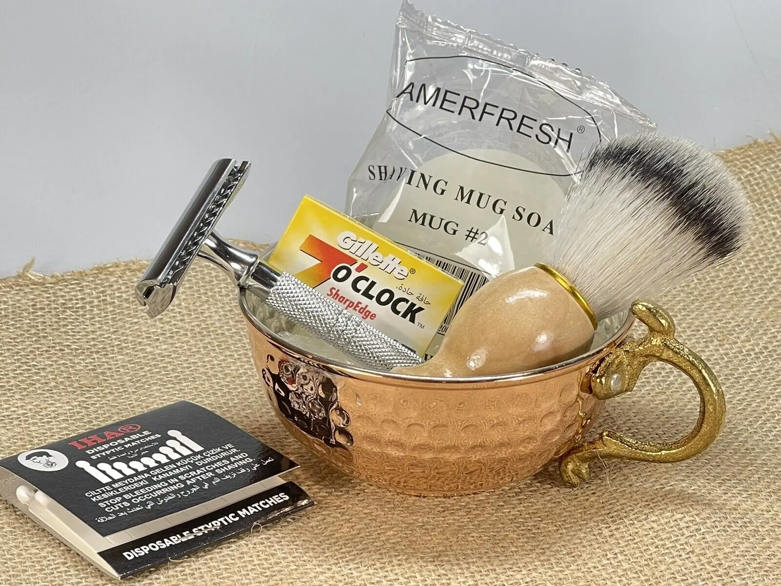 Copper Shaving Set Bowl Mug Cup Shaving Brush Soap Razor Blades Styptic Gift Kit