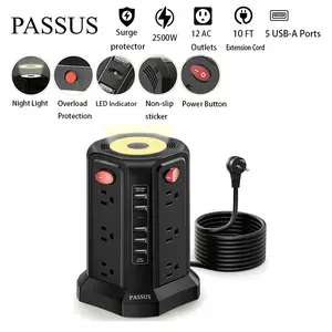 10FT extension cord surge protector night light power multi smart  plugs socket,electric outlet to usb electric board  12 AC outlets 5 USB-A,suitable for office, home, dormitory, school, and tourism