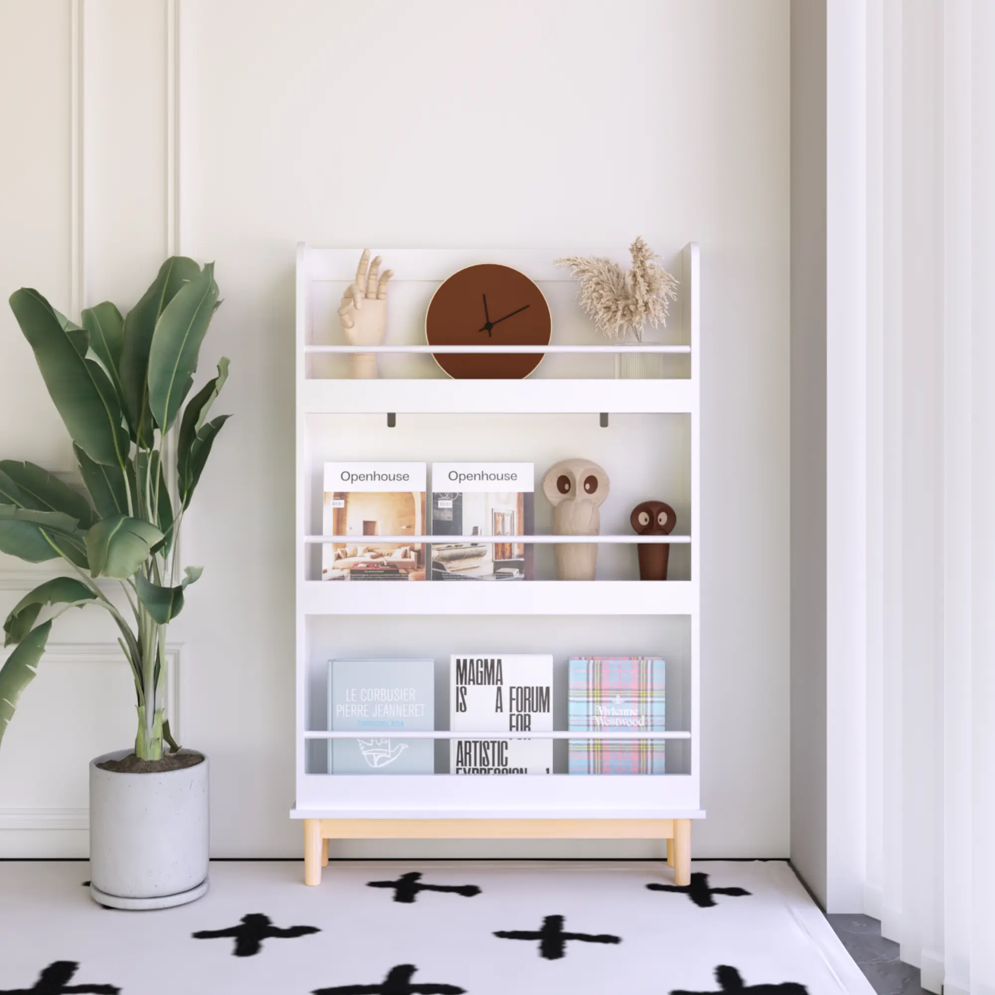 Dreamzon Wall-Mounted Kids Bookshelf with 3 Front-Facing Display Shelves, Modern White Book Rack with Natural Wood Base for Toddler Bedroom, Nursery or Playroom