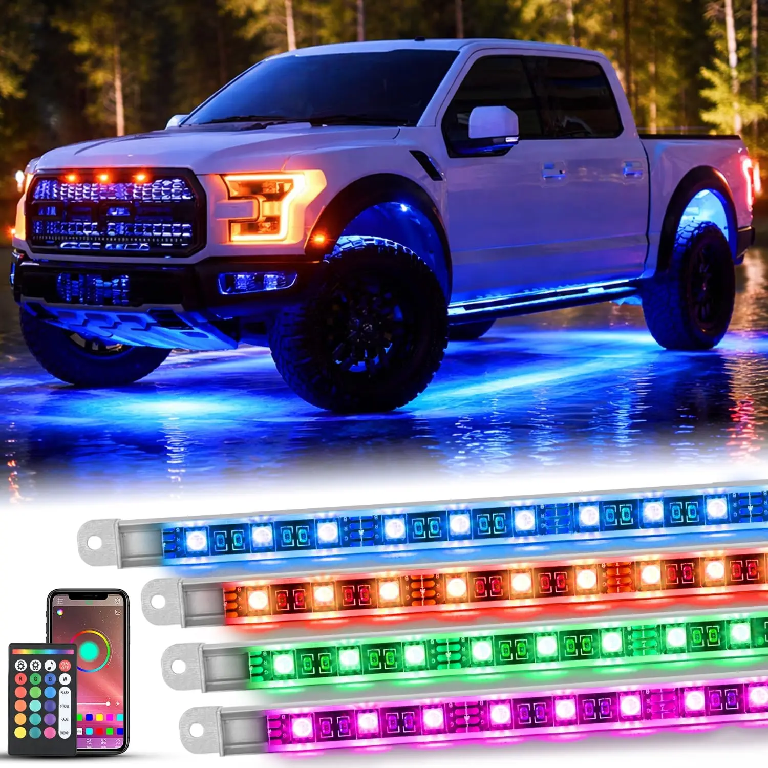 Nilight 4PCS Aluminum RGBW LED Underbody Glow Strip Lights with RGBW Chips, APP & Remote - 396 LEDs, Auto Sense, Sound Sync, Door Assist, DIY Mode for Cars/Trucks/RV, Mount Kit