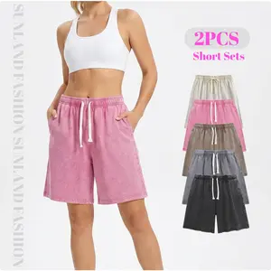 Sunland 2PCS Women's Acid Washed Shorts Summer Athletic Vintage Short Cotton Heavyweight Elastic Waist Streetwear Sweatpants Unisex Design Perfect for Men & Women Unisex