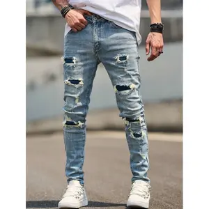 Men's Premium Denim Jeans Ripped Skinny Fit Slim Leg Trousers with Distressed Details for Modern Style