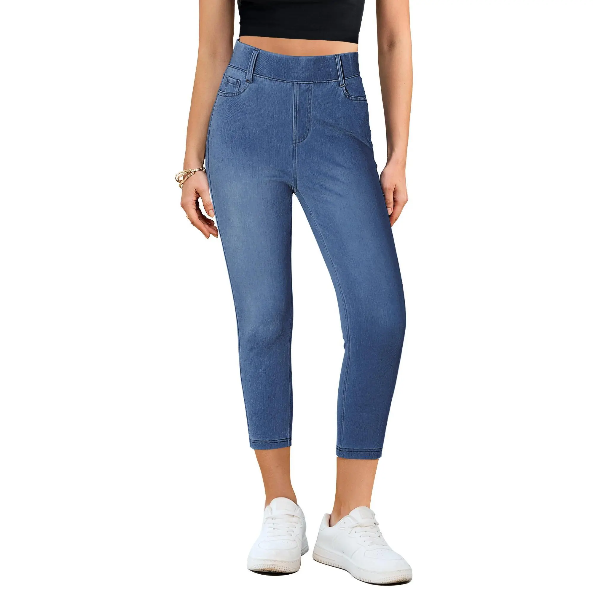 GRAPENT Women's High Waisted Capri Jeggings, Stretchy Pull-On Knit Denim Skinny Leg Trousers for Summer, Trouser, Wrap, Bottom, Skinny Legs, Capri Length, All Seasons, Body Hugging Jeans, Leggings, Plain, Simple Fits, Minimalist, Basic