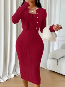 Women's Solid Button Front Crop Cardigan &Ribbed Bodycon Dress Two-piece Set,CasualFashion Cozy Two Piece Outfits for Daily OutdoorWear, Women Clothes for Spring