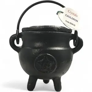Crystalo Black Iron Cauldron - Caldero Bowl with Lid and Pentagram Design, 3" & 4" Inch Ritual Pot Religious Decor Cookware Sturdy