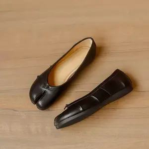 Women's Split-Toe Ballet Flats, Soft Leather Slip-On Loafers, All-Day Comfort Casual Footwear, Minimalist Daily Shoes Girl, Slipon, Parent，black shoes