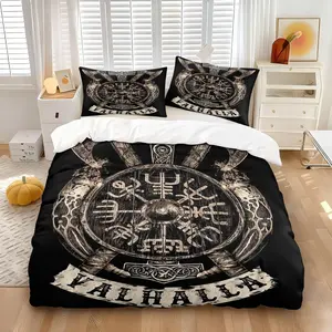 Dark Vintage Dark Norse Mythology Theme Duvet Cover Set, Includes One Quilt Cover and 1/2 Pillowcases, Edgy Bedroom Comforter Cover Essentials for Gothic Style Fans, Valhalla Norse Compass Print Duvet Cover