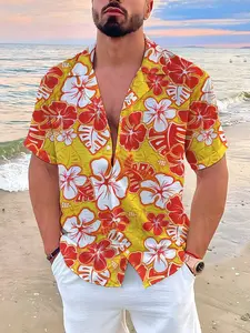 Men's Casual Shirt, Cuban Collar Floral Tropical Print, Short Sleeve Fitted, Beach Vacation Essential, Limited Time Offer, Fast Shipping
