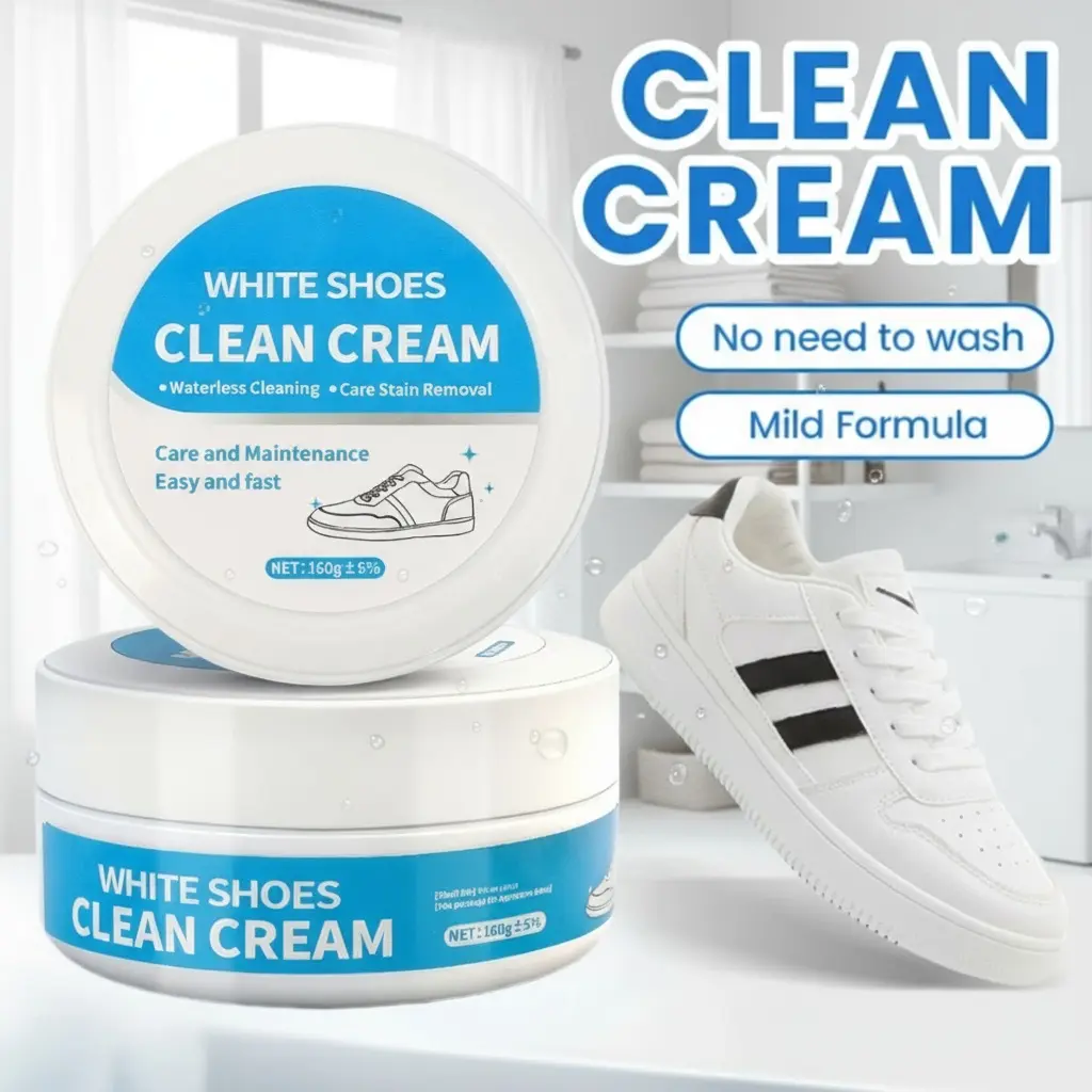 White Shoe Cleaner Cream Multipurpose No-Wash Solid with Sponge Removes Stains Ideal for Leather Silicone Car Interiors Mild Non-Irritating Eco-Friendly 160g