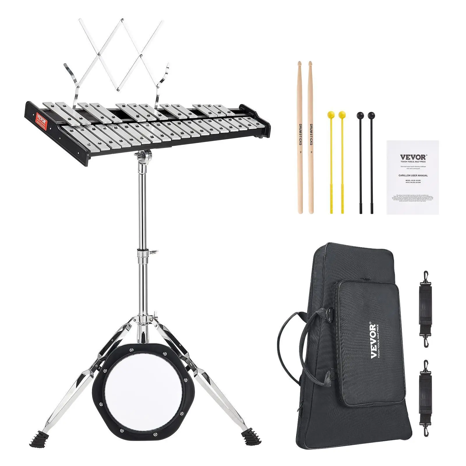 【Summerfinds】VEVOR Professional 30-Note Glockenspiel Xylophone Bell Kit with Aluminum Bars, Mallets, Drum Sticks, Music Stand, 8" Practice Pad, Adjustable Stand, Waterproof 1200D Oxford Fabric Carrying Bag - Musical Instruments for Students