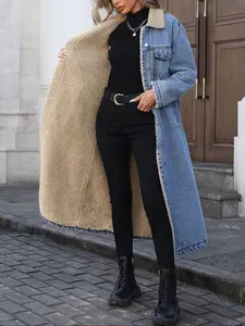 Women's Long Fleece-Lined Denim Jacket, Elegant Single-Breasted Design, Perfect For Winter