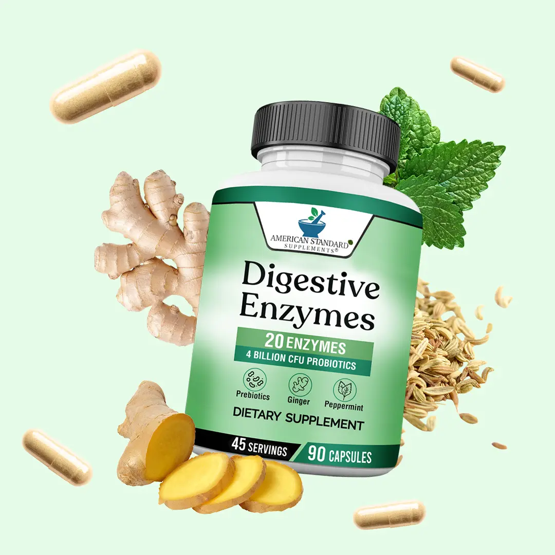 American Standard Digestive Enzymes with 20 Enzymes 4 Billion CFU Probiotics Prebiotics & Herbs, 90 Capsules for Gut Health