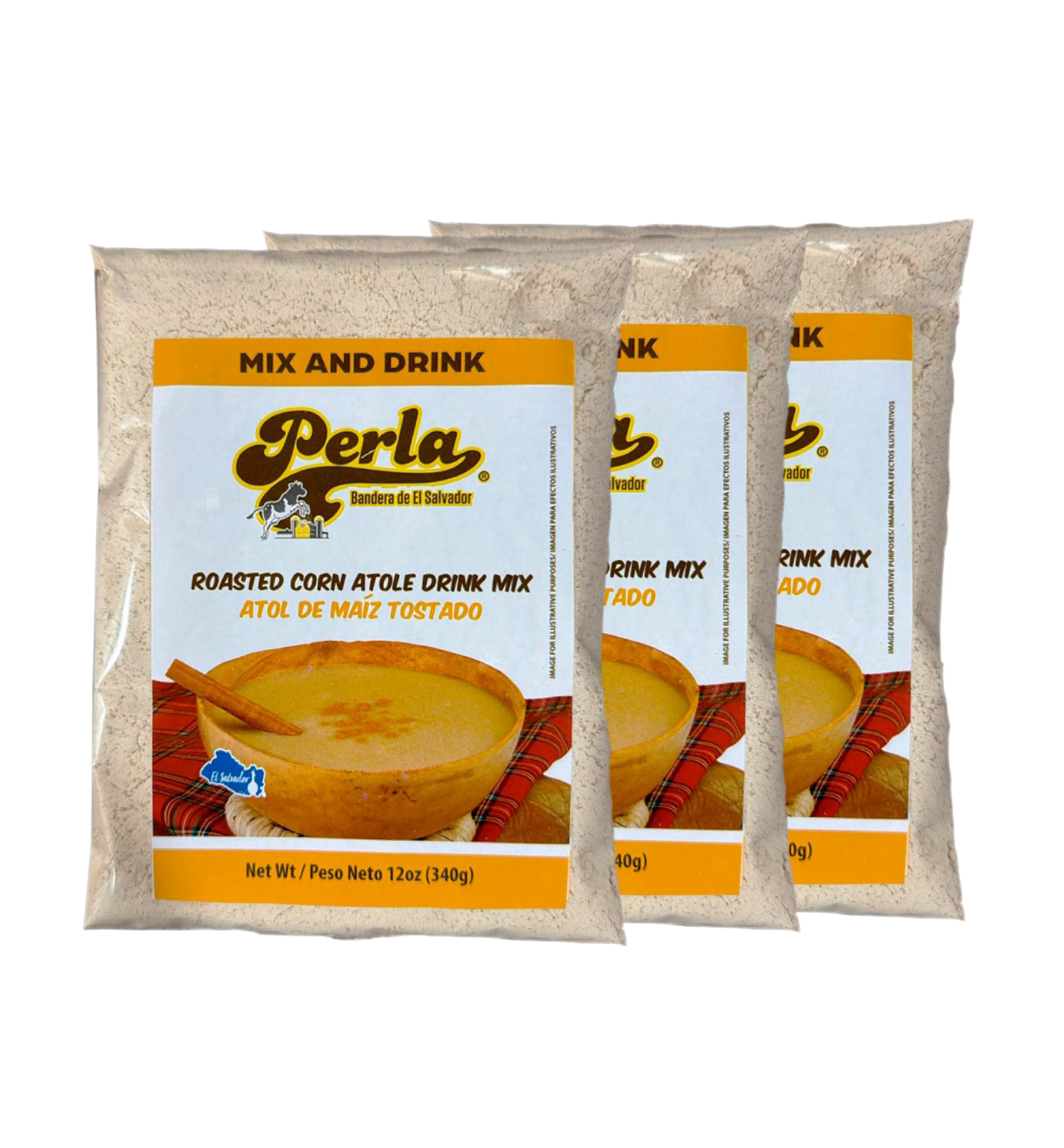 Perla Traditional Roasted Corn Beverage Powdered Drink Mix (Atol de Maiz Tostado) - Ancestral Recipe Authentic Salvadoran Flavor Drink Packets, 12oz, All Ages, Pack of 3