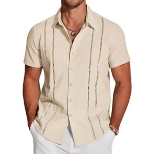 Men's Cuban Guayabera Shirt Short Sleeve V-Neck Button Down Casual Summer Beach Linen Top Fitted Breathable Soft Fabric Menswear