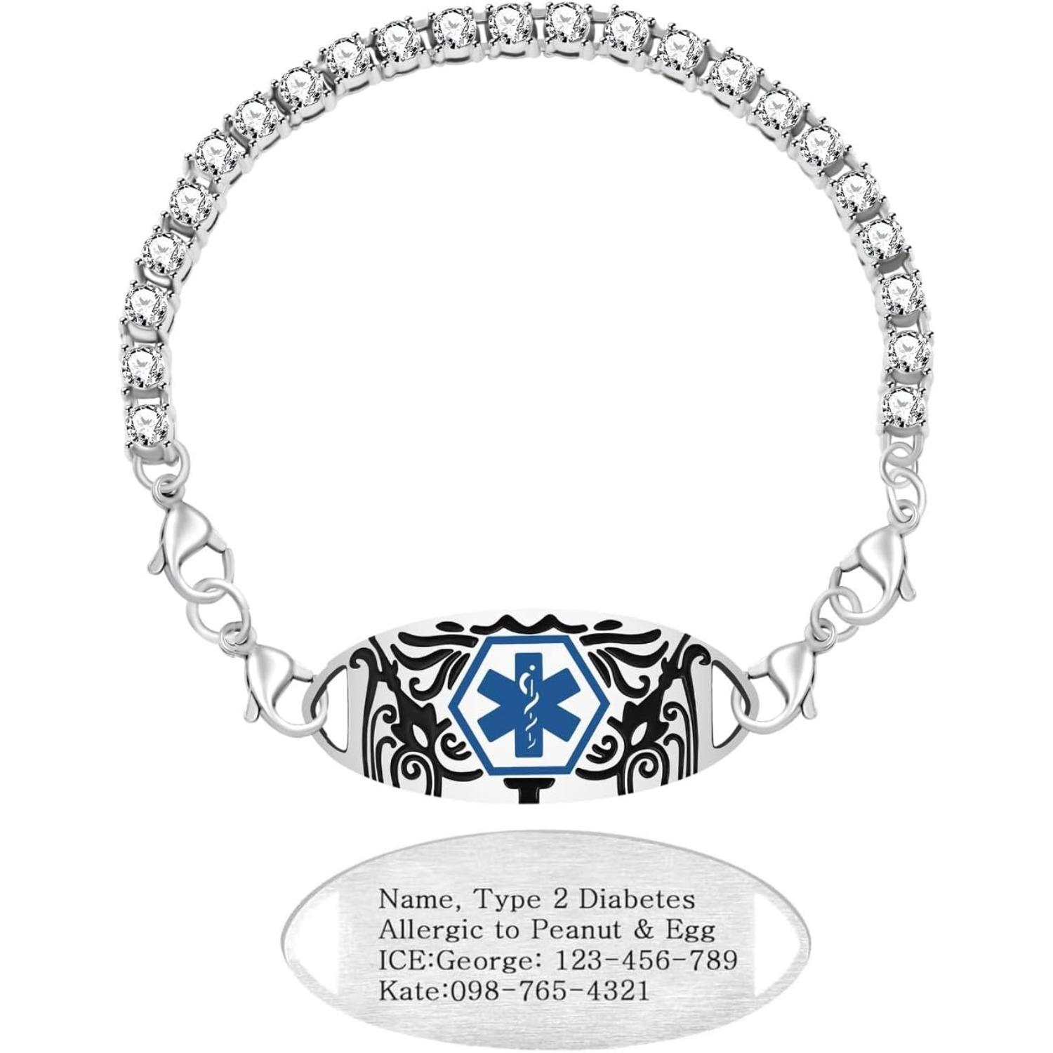 Dynamic QR Code Medical Alert Tennis Bracelet - Stainless Steel - Rhinestone Inlaid, Interchangeable Tag, Dual Lobster Clasps & Extender, Scan to Update Health/Allergy/Emergency Info, Fashion Medical ID Bracelet