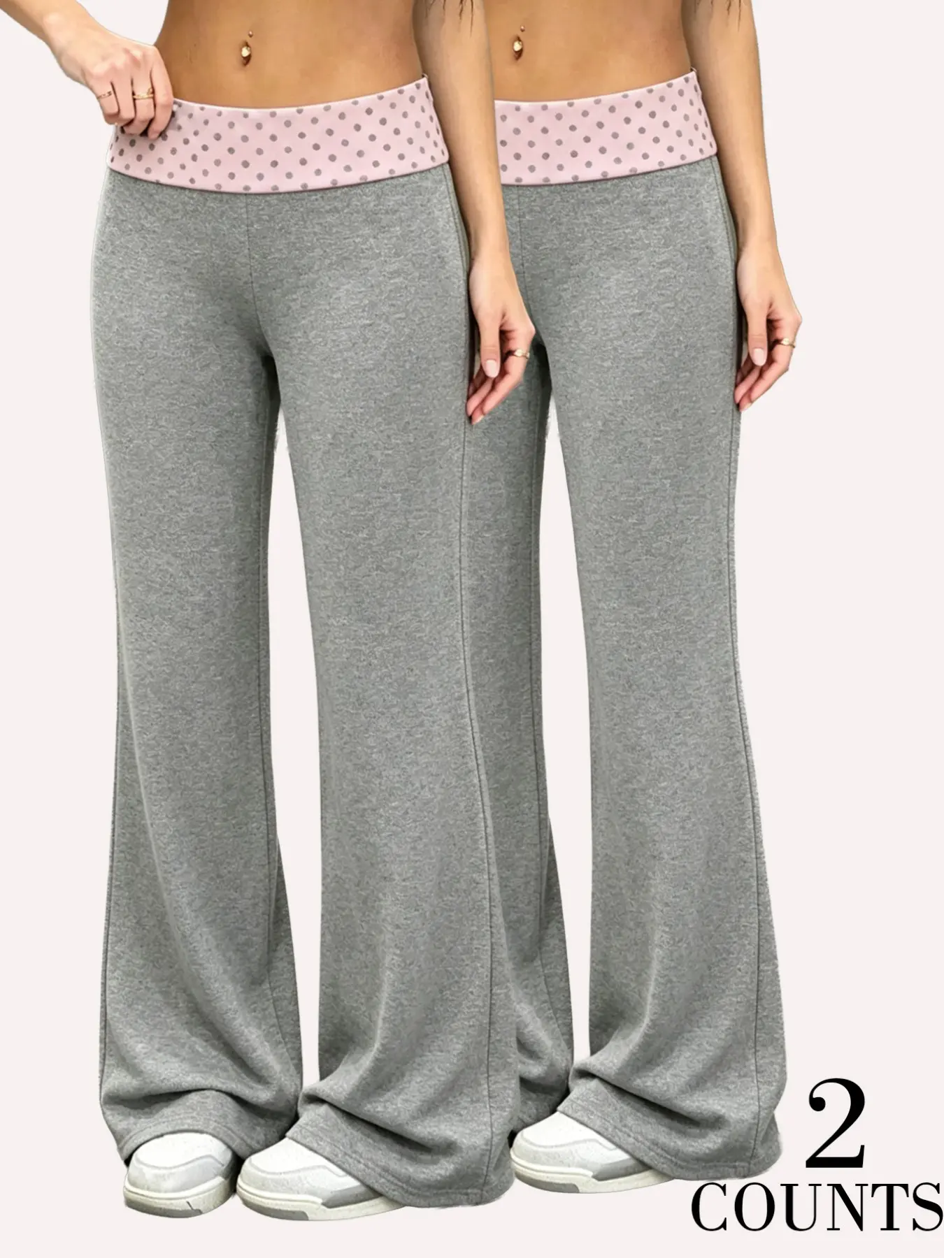 2 Pack Women Polka Dot Foldover Waist Wide Leg Pants, High Waisted Flare Yoga Pants, Casual Loose Fit Trousers, Soft Stretchy Lounge Pants, Y2K Palazzo Pants, Polka Dot Waistband Wide Leg Sweatpants for Gym Streetwear Daily Wear, Womenswear