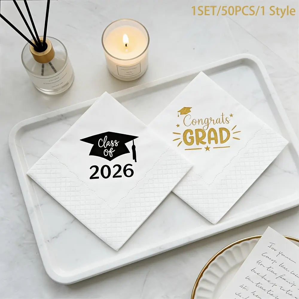 50pcs/set Class of 2026 Graduation Napkins for Grad Party Decorations, Congrats Grad Tableware with Embossed Diploma, Disposable Paper Napkins for Graduation Table Settings, Disposable Products