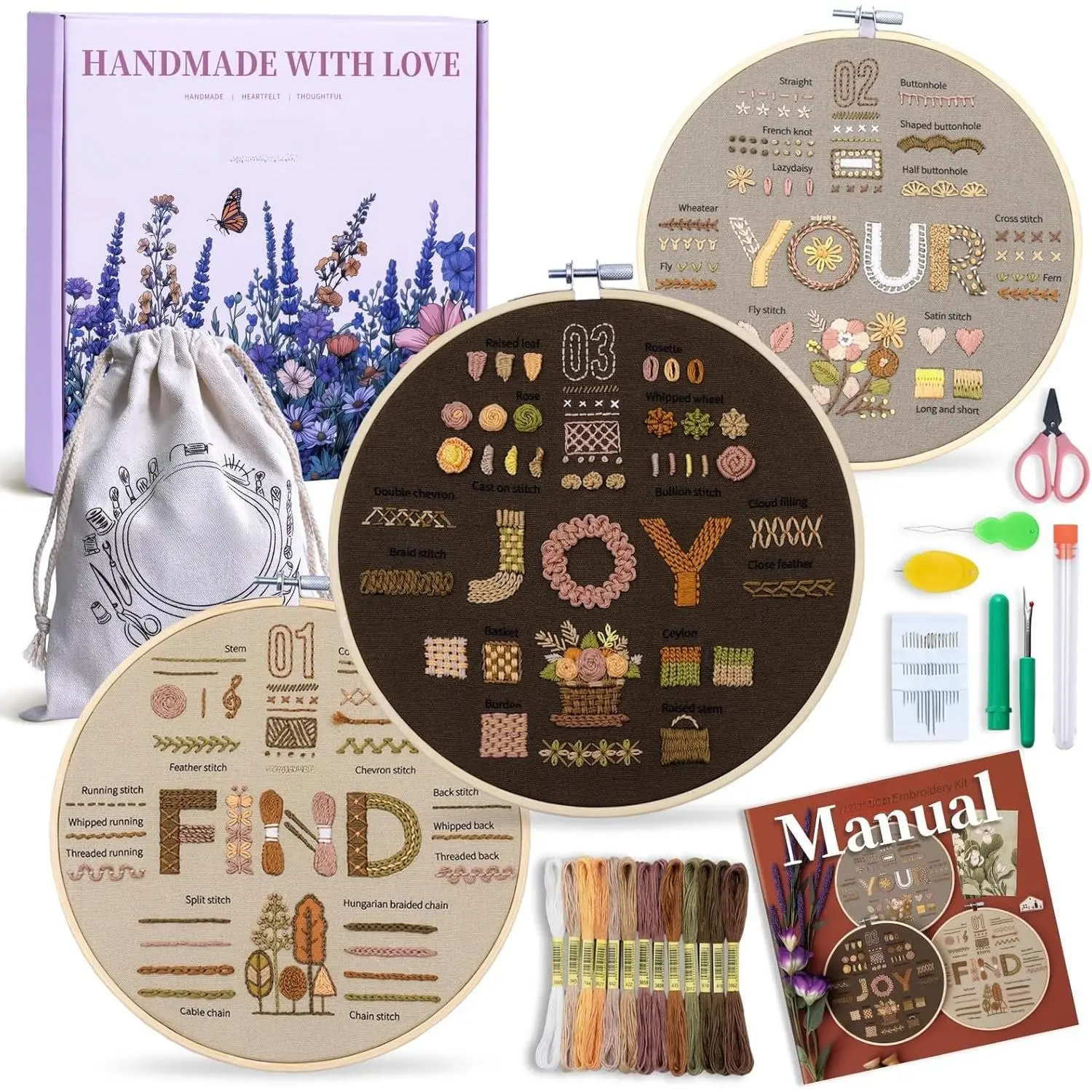 Find Your Joy Beginner Embroidery Kit,3 Pack DIY Starter Kits for Adults with 42 Stitch, Stamped Patterns, Floral Designs, Embroidery Hoop, Colorful Floss, Video Tutorials, and Storage Bag