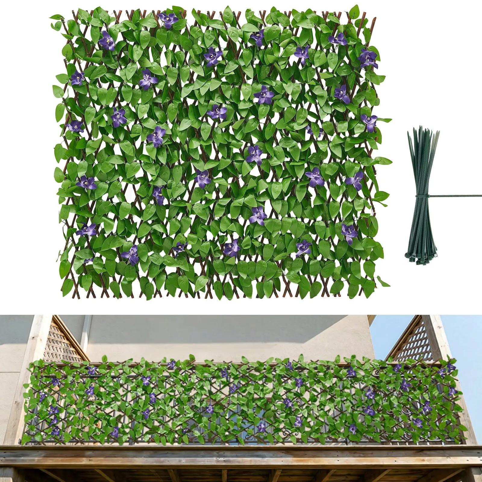 【Summerfinds】Decorative Garden Fences - Expandable & Foldable Fabric-Wood Faux Flower Privacy Screen, 25.5x122in Natural-Look Artificial Ivy Wall Panel with 50 Zip Ties, Year-Round Use for Balcony, Patio