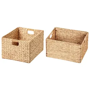 eHemco Rectangular Water Hyacinth Wicker Storage Baskets with Iron Wire Frame, 16.1"x12.6"x9.5", Natural, Set of 2 Boxes Organiser