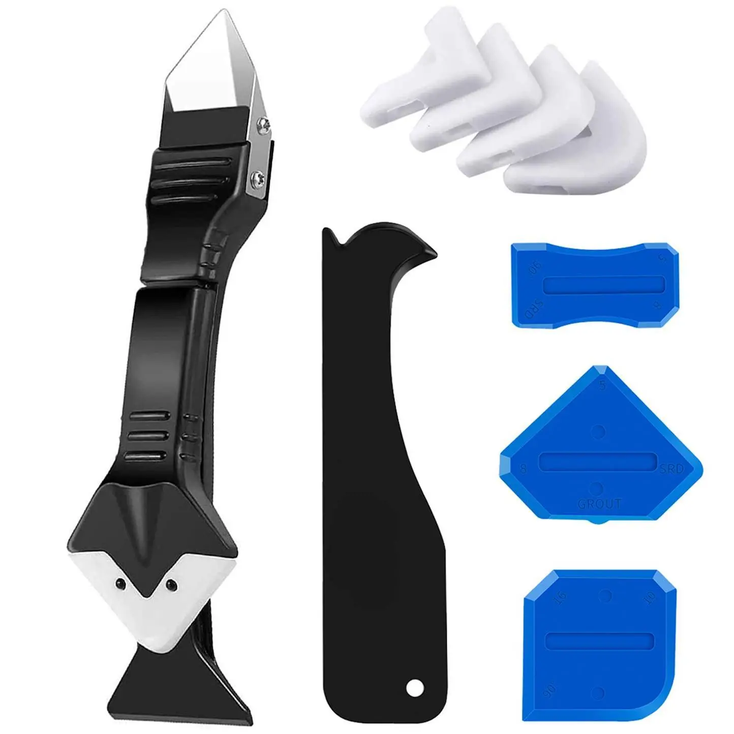 Silicone Caulking Tool Kit 3 in 1 Caulk Remover & Grout Removal Tool with 4pc Glass Glue Angle Scraper