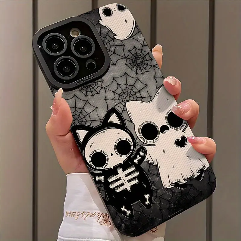 Cute Halloween cat and ghost wallpaper pattern, dedicated artificial leather phone case, stain-resistant, stylish, trendy, suitable for iPhone 17/16/15/14/13/12/11/X/XS/XSMAX, a holiday gift for friends, family, and yourself