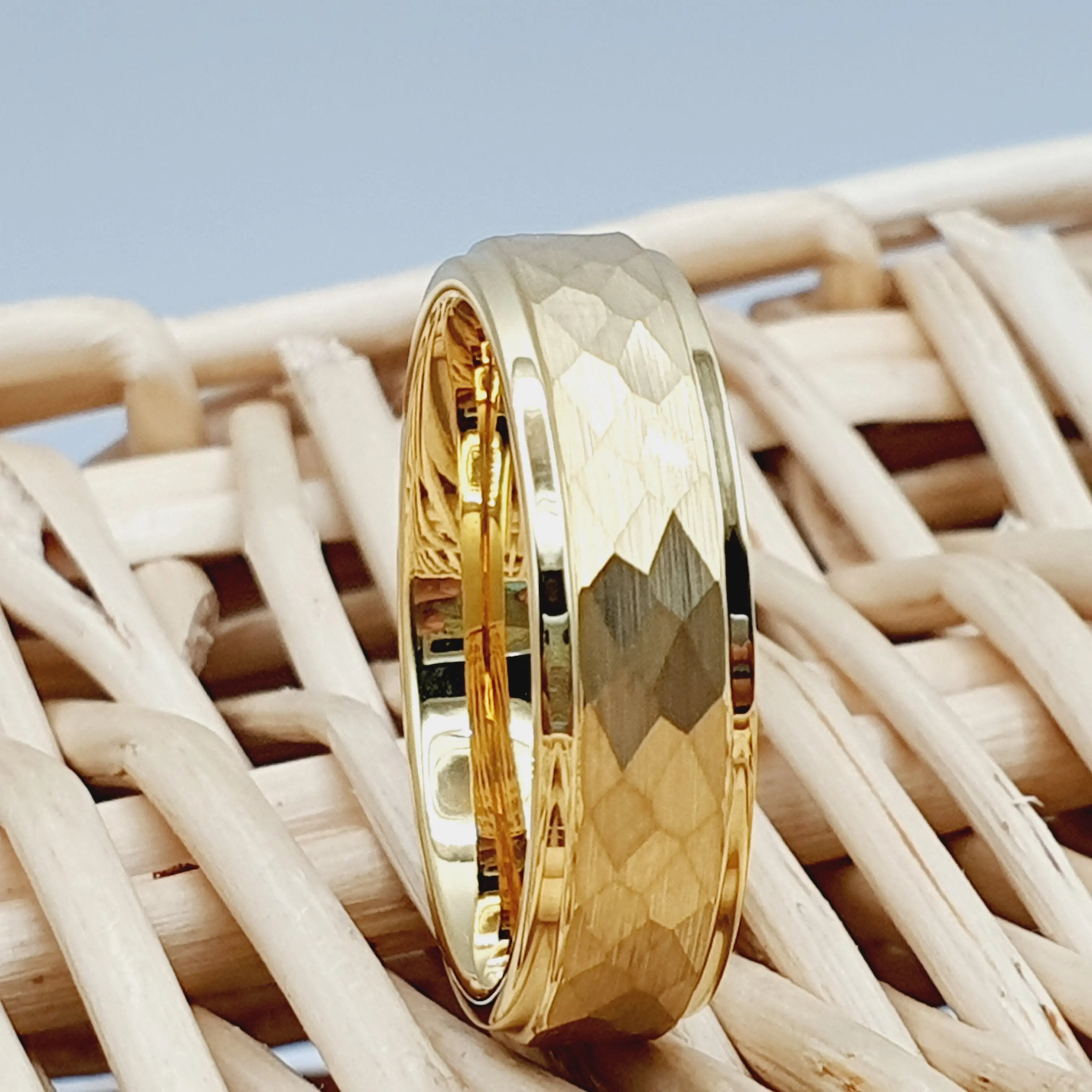 Yellow Gold Hammered Tungsten Men's Engagement Ring - 6MM Wide Wedding Band for Boys