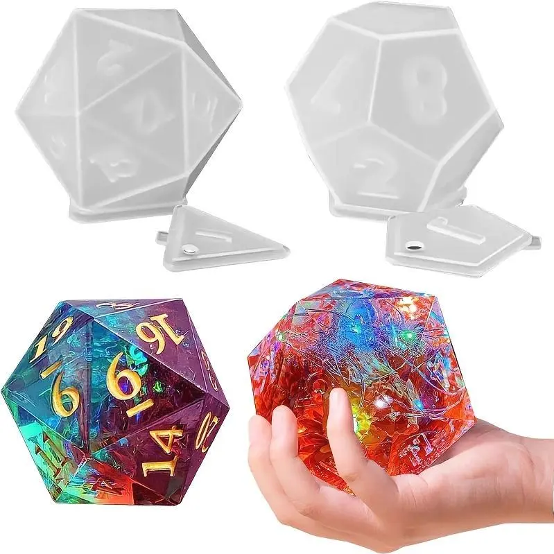 Silicone Molds for Large Dice, Featuring Two Styles for Casting with Epoxy Resin, Including Triangular And Hexagonal D20 And D12 Molds with Numbers, As Well As Molds for Making Candles with Resin