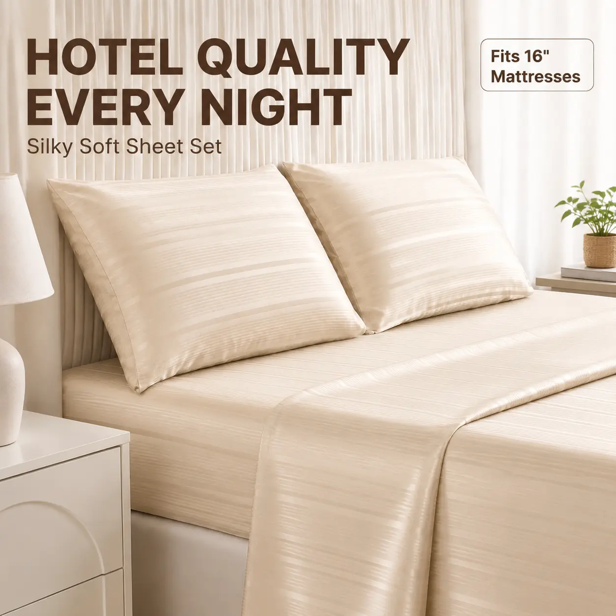 CANSUNCH 4-Piece Luxury Satin Jacquard Bed Sheet Set, Plain Silky Satin Bedding, Hotel-Quality, Deep Pocket Fitted Sheet Fits 16" Max Mattresses, Wrinkle Resistant, Satin Bedding Sets, Soft Comfy Bedding