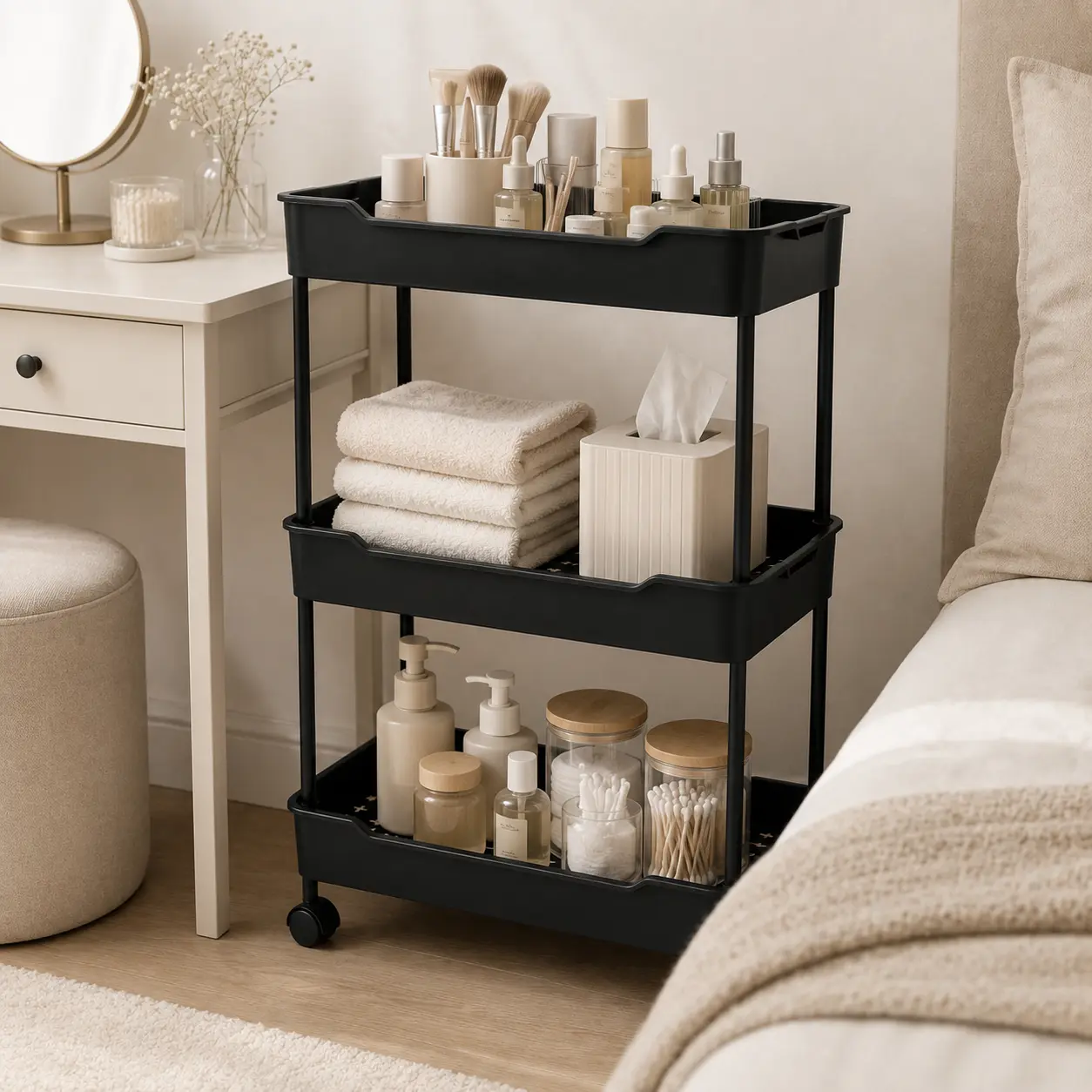 3- & 4-Tier Movable Rolling Storage Cart with Wheels, Freestanding Multi-Layer Utility Organizer Shelf Racks, No-Installation Space-Saving Unit for Bathroom, Student Dorms & Apartments