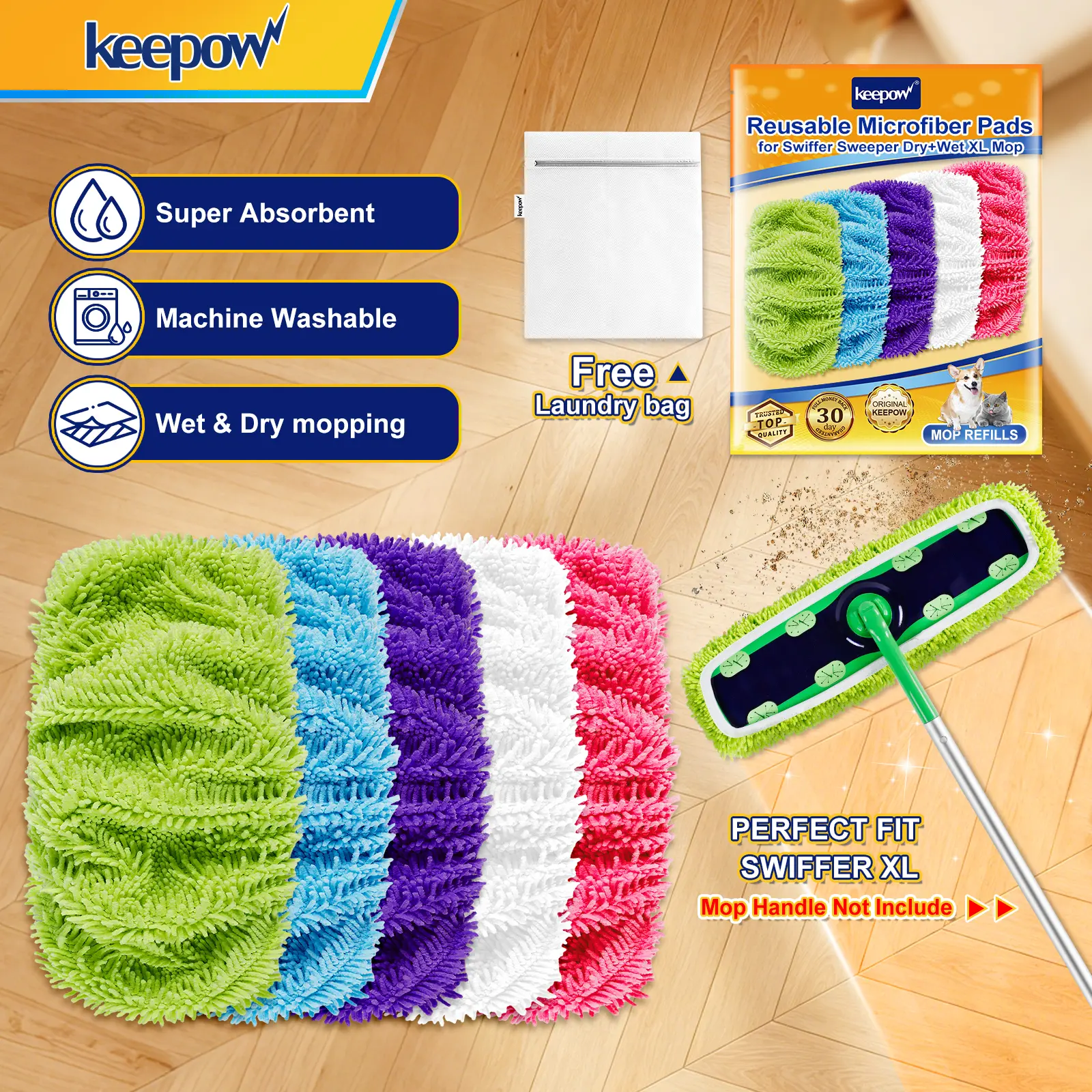 KEEPOW Reusable Microfiber Mop Pads for Swiffer XL Dry Sweeping Cloths & XL Wet Pads Refills Heavy Duty Mopping Cloths for Floor Mopping and Sweeping