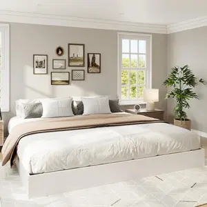 California King Size Wood Platform Bed Frame, White Floor-Standing No-Gap Design, Modern Minimalist No Headboard Bed Frame, Wood Slat Support, No Box Spring Needed, Easy Assembly